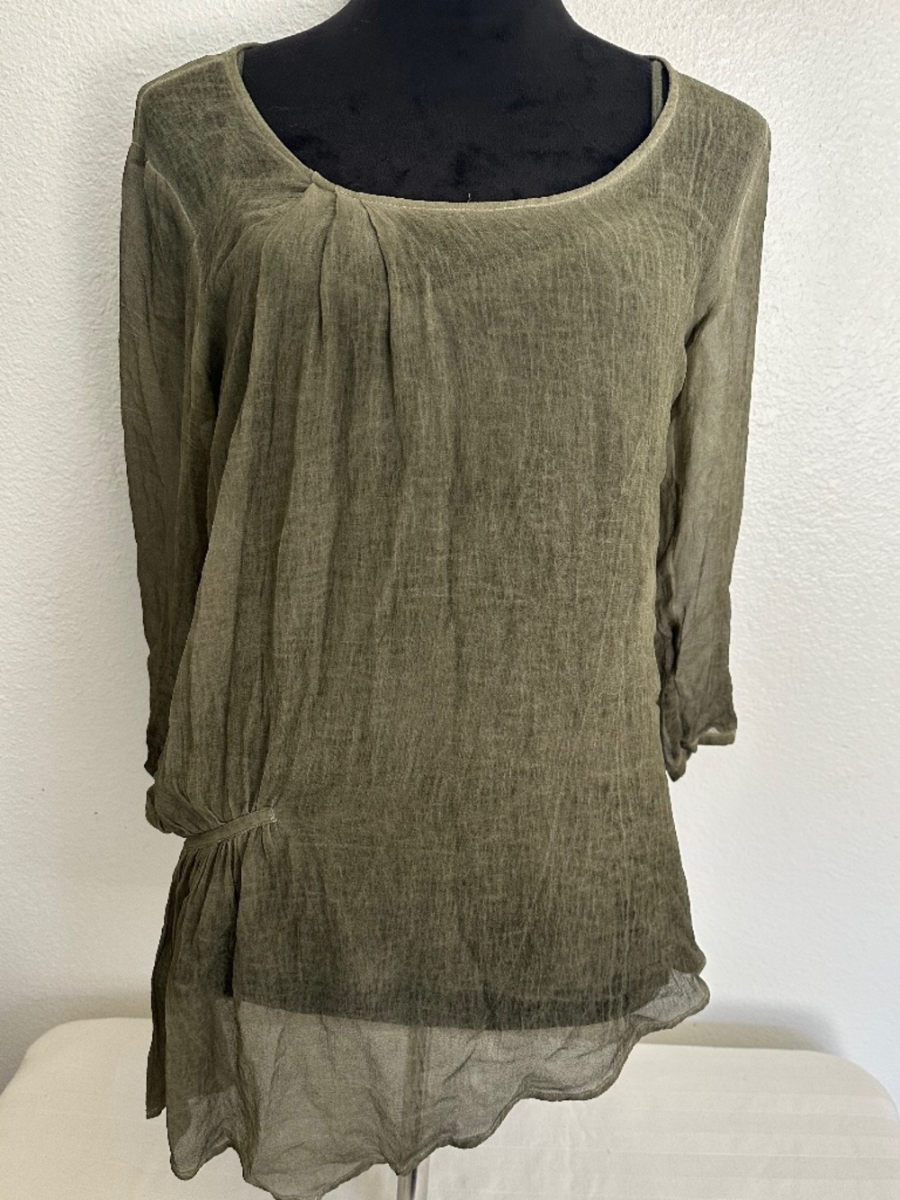 DKNY Jean Khaki green Sheer Asymmetrical Blouse. NWOT.